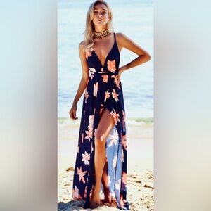 Hello Molly Future Day Thigh High Maxi Dress w Long Wrap Straps Navy/Coral ZB9